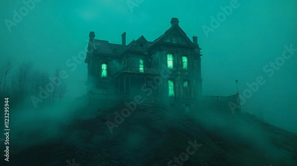 Fototapeta A decaying mansion atop a mist-covered hill, its windows aglow with soft, bluish-green flames, casting an eerie light.