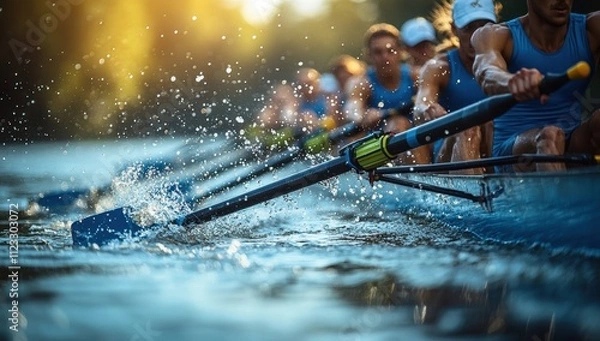 Obraz Competitive rowing team racing on a river with oars striking the water.
