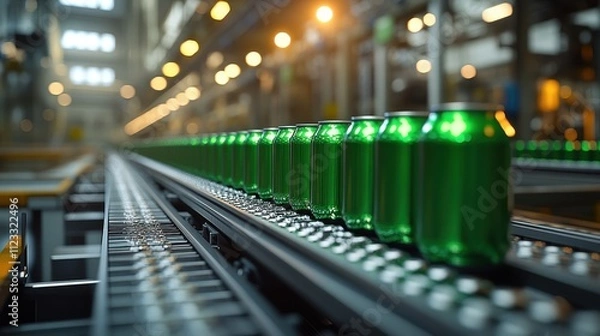 Obraz Close-up of green beer cans on a conveyor belt in an industrial brewery.
