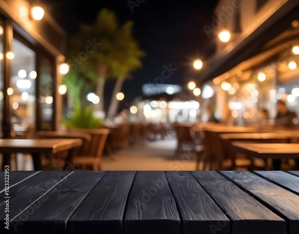 Fototapeta Black Wooden table on blurred background of outdoor restaurant at night. Generative ai