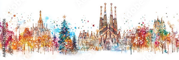 Obraz Barcelona Christmas Watercolor Illustration - Festive watercolor painting of Barcelona skyline, Christmas tree, autumn trees, Sagrada Familia, and winter atmosphere. Symbolizing Christmas, travel, arc