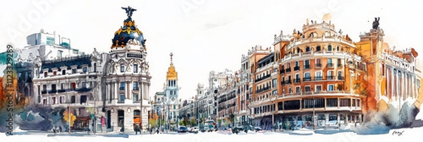 Obraz Watercolor Madrid Cityscape: Gran Via Elegance - Vibrant watercolor painting of Madrid's Gran Via, showcasing architecture, cityscape, Spanish charm, travel, and urban life.