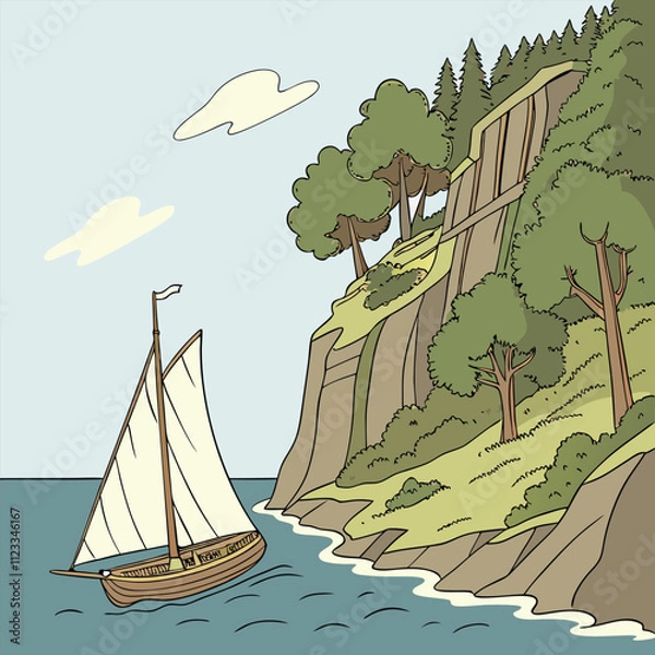 Fototapeta Ship Vector With Hill