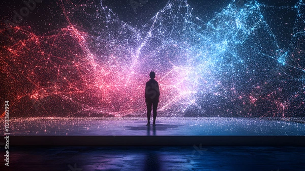 Fototapeta A futuristic vision of a person standing on a platform surrounded by digital geometric holograms in the air.