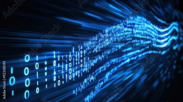 Obraz Dynamic Flow of Blue Light and Binary Numbers Representing Data