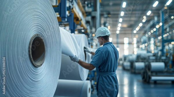 Obraz a factory setting with a large spool of white paper or material, and a person in a hard hat and blue protective clothing handling the paper