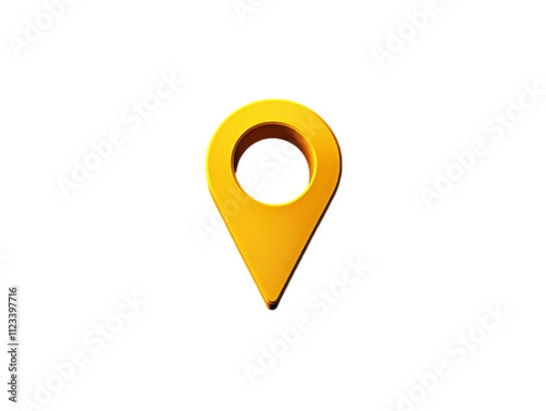 Obraz A bright yellow location pin with a circular hole at the top, commonly used in maps and navigation apps on transparent background.