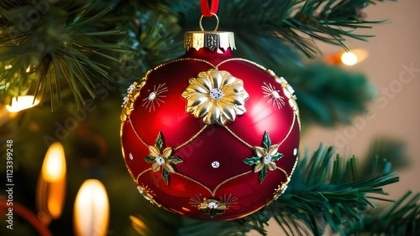 Obraz Festive, close-up photograph of a Christmas ornament hanging on a tree. The ornament is a large, glossy red bauble with intricate gold detailing, including floral patterns and decorative elements. 