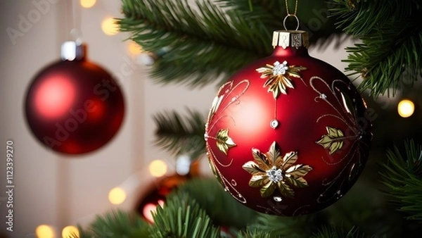 Obraz Festive, close-up photograph of a Christmas ornament hanging on a tree. The ornament is a large, glossy red bauble with intricate gold detailing, including floral patterns and decorative elements. 