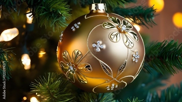 Obraz Festive, close-up photograph of a Christmas ornament hanging on a tree. The ornament is a large, glossy gold bauble with intricate gold detailing, including floral patterns and decorative elements. 