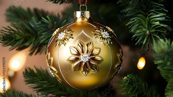 Fototapeta Festive, close-up photograph of a Christmas ornament hanging on a tree. The ornament is a large, glossy gold bauble with intricate gold detailing, including floral patterns and decorative elements. 