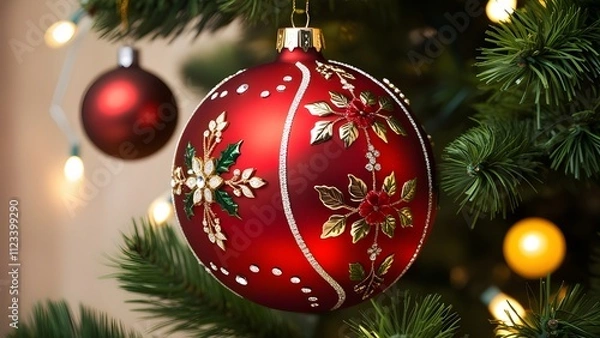Fototapeta Festive, close-up photograph of a Christmas ornament hanging on a tree. The ornament is a large, glossy red bauble with intricate gold detailing, including floral patterns and decorative elements. 