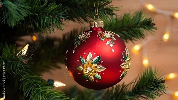 Obraz Festive, close-up photograph of a Christmas ornament hanging on a tree. The ornament is a large, glossy red bauble with intricate gold detailing, including floral patterns and decorative elements. 