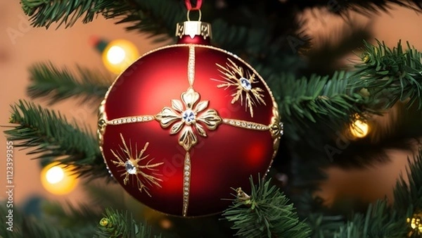 Fototapeta Festive, close-up photograph of a Christmas ornament hanging on a tree. The ornament is a large, glossy red bauble with intricate gold detailing, including floral patterns and decorative elements. 
