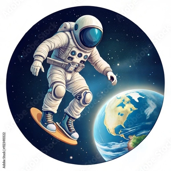 Fototapeta Astronaut Riding Skateboard in Outer Space with Planet Background