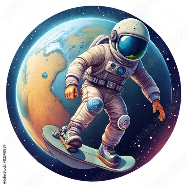 Fototapeta Astronaut Riding Skateboard in Outer Space with Planet Background