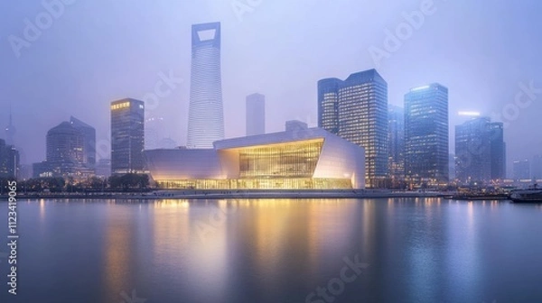 Fototapeta Illuminated modern building by waterfront, skyscrapers, city sky