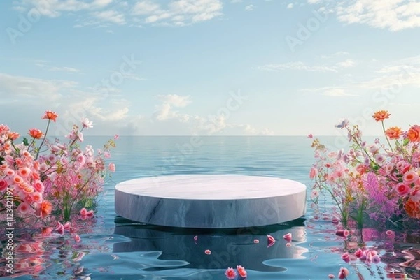 Fototapeta Ultra Quality Picture of Floating Cylindrical Podium on a Serene Lake with Vibrant Flowers
