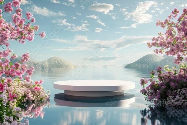 Fototapeta Clear Pixel Visual of Floating Cylindrical Podium on a Serene Lake with Vibrant Flowers
