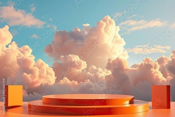 Fototapeta Detailed Picture of Background Podium Orange 3D Product Sky Platform Display Cloud