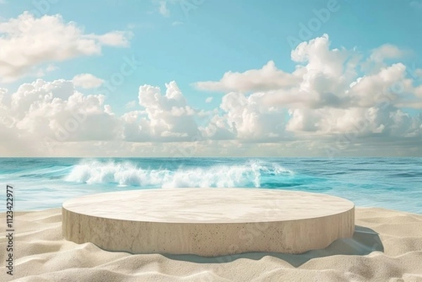 Fototapeta Beach Podium Summer Background Sand Product 3D Sea Display Platform Beach Podium Summer Banner Stand