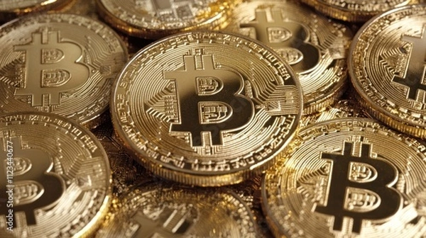 Obraz Coins with intricate designs stack together, symbolizing the rise of digital finance and technology