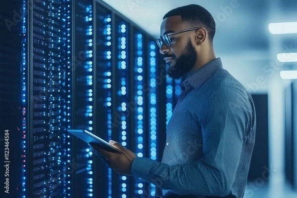 Fototapeta IT professional checks data on tablet while standing beside server racks in a modern data center during late evening hours