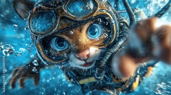 Fototapeta Whimsical Cat in Scuba Gear Explores Underwater World, Signifying Adventure, Creativity & Exploration