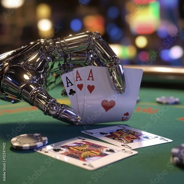 Obraz A robotic hand holds a winning poker hand of three aces and a king on a green felt table, with poker chips and a blurred casino background, highlighting the intersection of technology and gambling.
