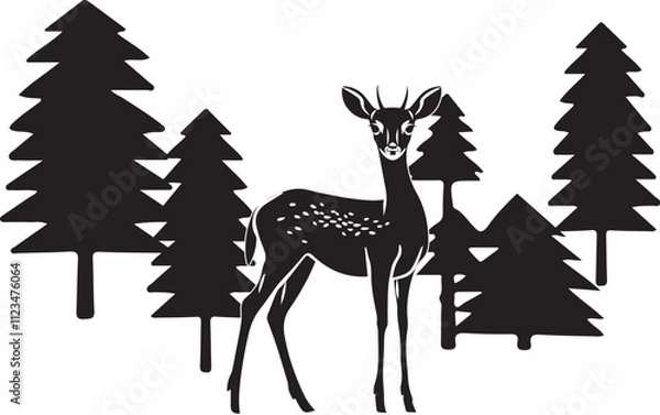 Fototapeta Silhouette of a deer with pine trees and forest scenery on white background, Deer silhouette, fawn silhouette, vector illustration