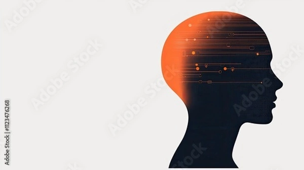 Fototapeta Digital Literacy  cybersecurity  communication Silhouette of a head with digital circuit patterns and an orange glow representing technology and innovation.