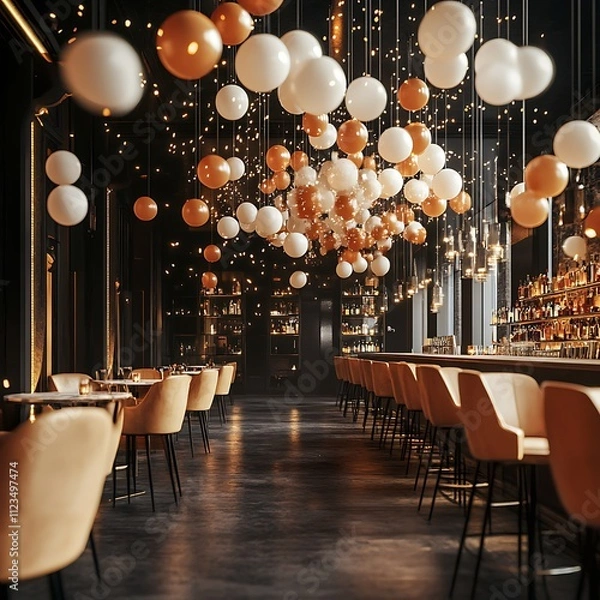 Fototapeta Elegant bar interior with balloons, lighting, and seating.