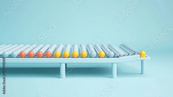 Obraz Colorful spheres moving on a light blue conveyor belt