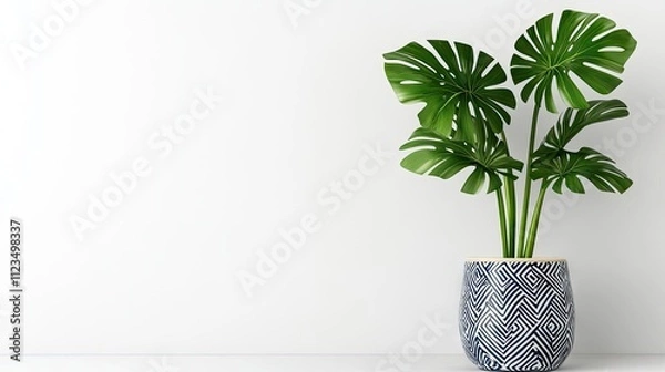 Obraz A beautiful monstera plant is displayed in a blue and white chinoiserie vase, adding a touch of elegance to any interior. The solid background emphasizes the plant's vibrant greens