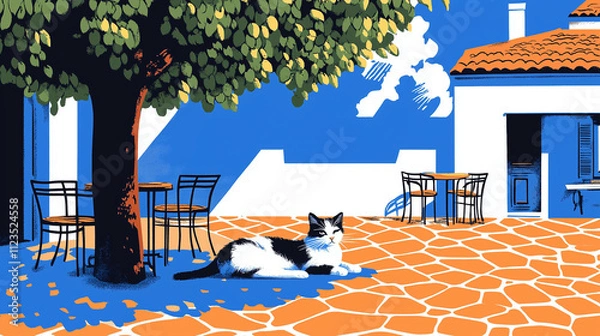 Obraz Café Vibes with a Cat: Charming French Illustration