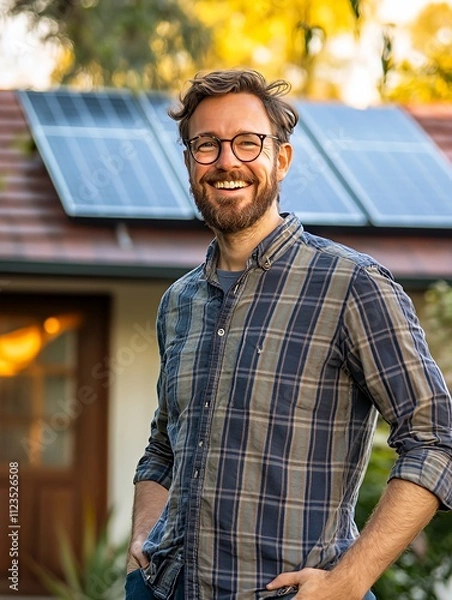 Fototapeta Smiling Man in Plaid Shirt Stands in Front of House With Solar Panels During Evening Light