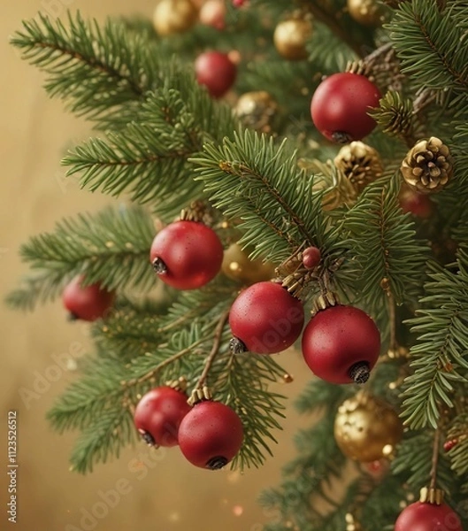 Fototapeta Detail of red berries on pine branches with golden ornaments against a warm brown background with shimmering golden particles, ornaments, berries, pine