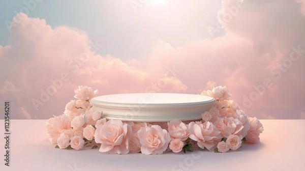 Fototapeta A dreamy pastel circular pink podium by blooming pink roses, a soft sky with fluffy clouds. a romantic surreal showcasing product. floral display, flowers around a stage, Valentine’s Day background
