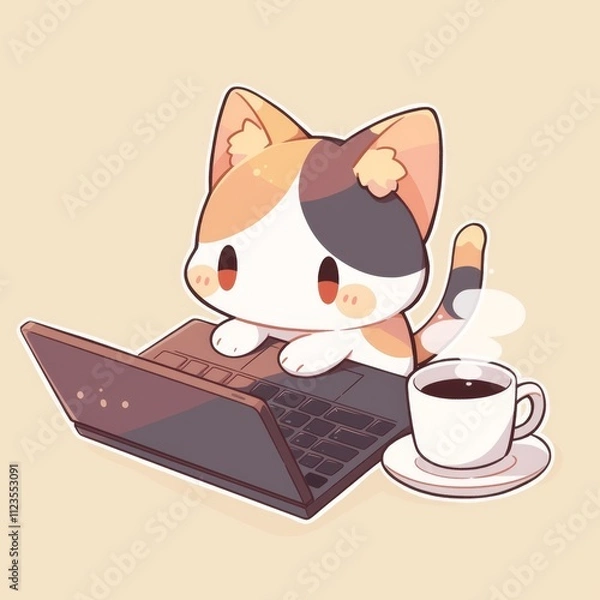 Obraz Cute Calico Cat Working on Laptop with Coffee
