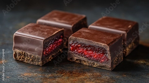 Obraz Dark chocolate squares filled with raspberry jam, close-up view on rustic surface.
