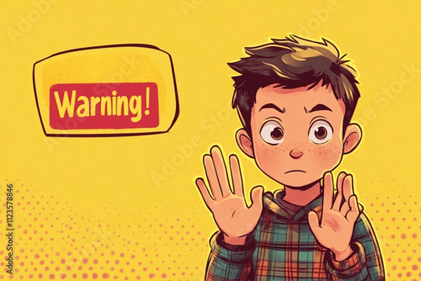 Fototapeta a cartoon boy with a serious expression and raised hands appears next to a warning speech bubble on a bold yellow background in comic style
