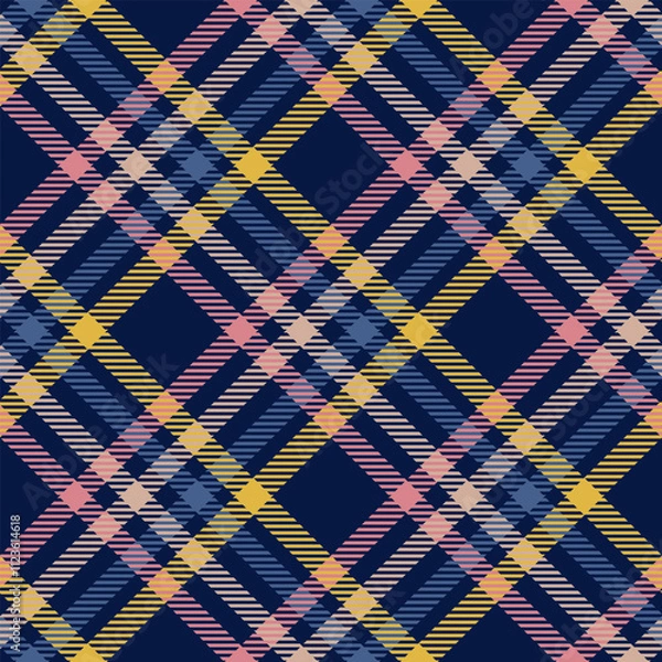 Fototapeta Vector plaid seamless pattern diagonal intersecting blue, pink and yellow lines