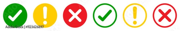 Obraz Set of round check mark, exclamation point, x mark icons isolated. Check mark, exclamation point, cross mark icons set with green, yellow and red color. Flat and outline style. Vector illustration.