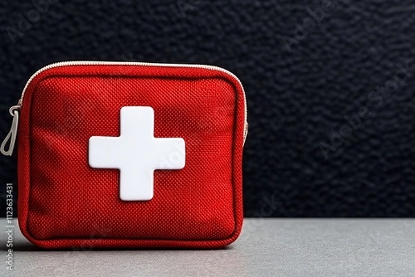 Obraz Red First Aid Kit with White Cross on Flat Surface