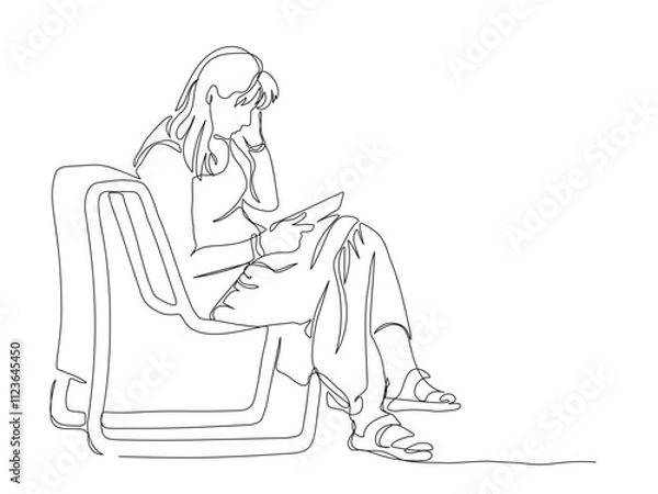 Fototapeta Woman using tablet and sitting on park bench. Wear dress. Continuous line drawing. Black and white vector illustration in line art style.