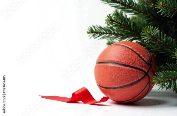 Fototapeta Basketball under Christmas tree branch with red ribbon. New Year's advertising banner for store selling sporting goods. Poster of basketball match. White background. Blank space for text. Copy space