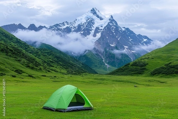 Obraz A tourist tent is set up on a lush green meadow, with mountain slopes and peaks serving as a backdrop under a blue sky dotted with clouds.