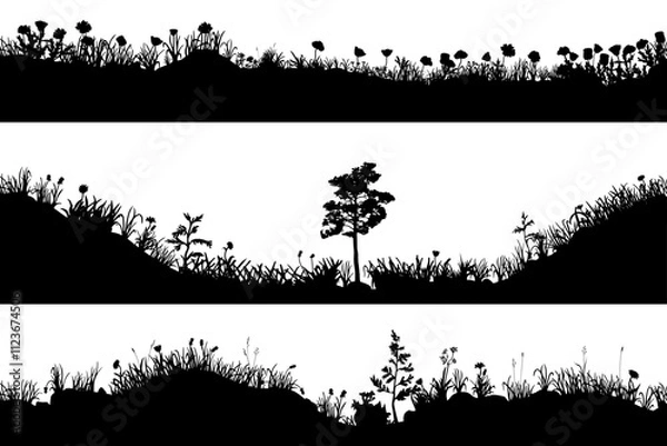 Fototapeta Seamless realistic black and white vector collection of 3 silhouettes of the ground with grass, flowers, spikelets, trees on it. Hand drawn isolated illustrations for work, design, banners, landscapes