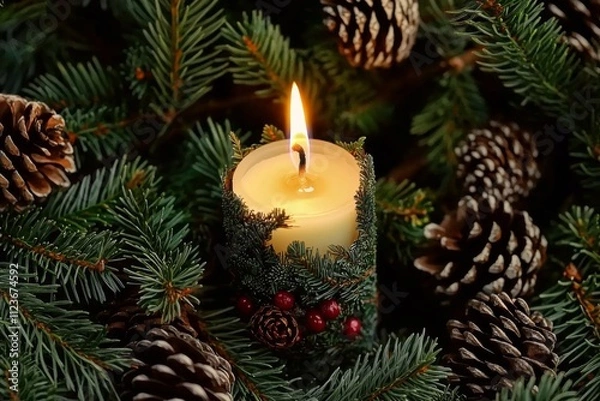 Fototapeta Festive candle surrounded by pine branches and pinecones creates a warm holiday atmosphere