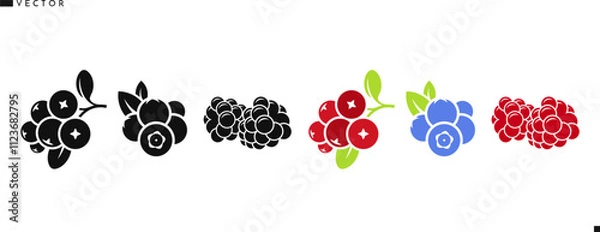 Obraz Berry silhouette. Isolated raspberry blackberry blueberry and cranberry vector. Organic fruit 
